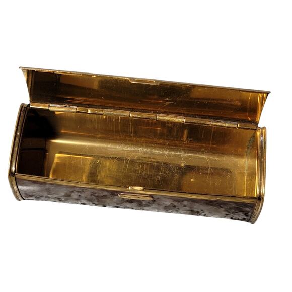 VTG 50s Lipstick Case Brown Gold Tone Metal Hinged Lid Push‎ Button Clasp MCM - Picture 8 of 9